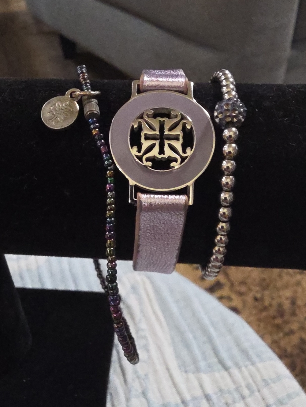 Silver Accent Lavender Leather-Strap Women's Bracelet/ Plus CE Ankle Bracelet.